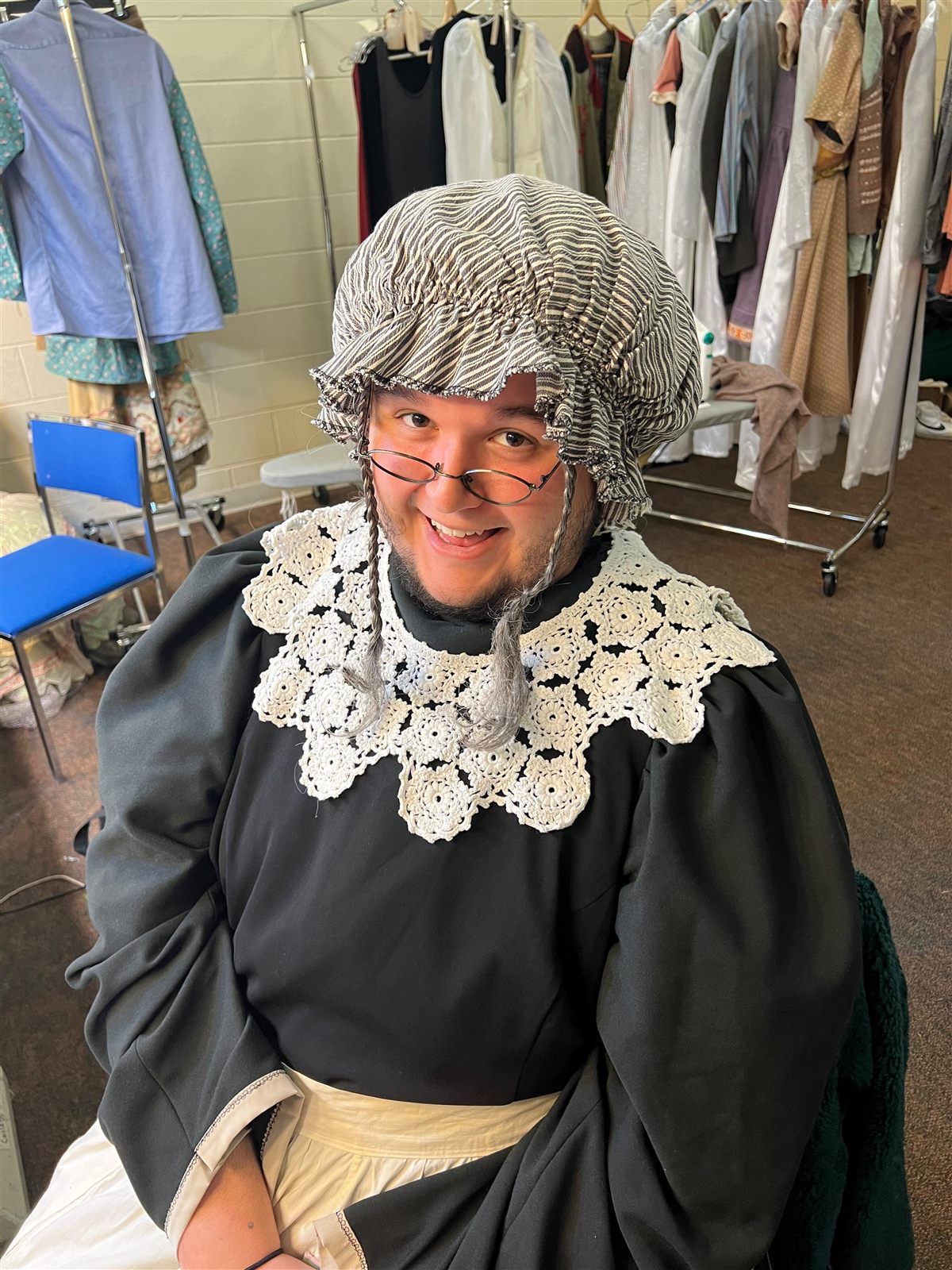 Rhys Stermer in costume backstage.
